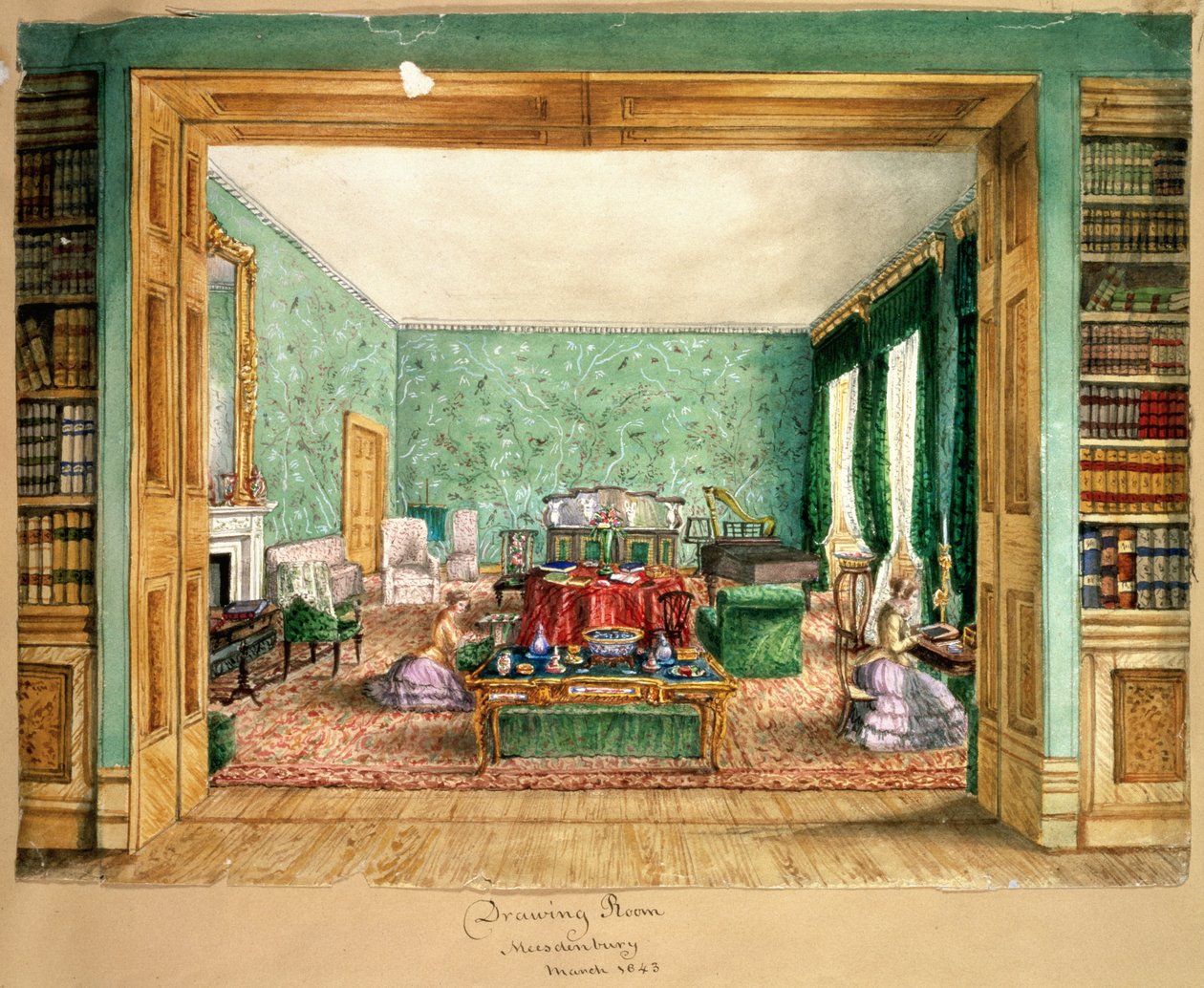 The Drawing Room at Meesdenbury, f13 från An Album of Interiors, 1843 (wc på papper) av Charlotte Bosanquet