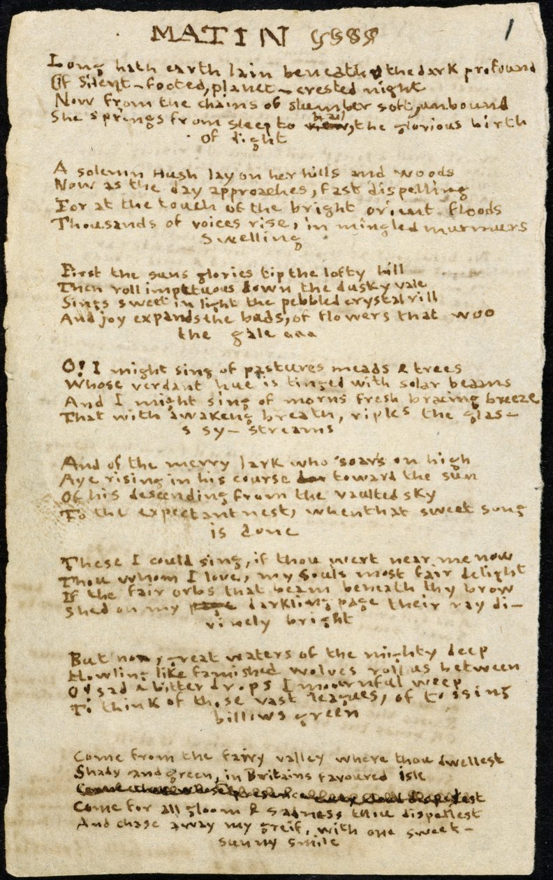 Dikt av Charlotte Bronte. Egenhändigt skrivet exemplar, med strykningar, av dikten "Matin". 12 november 1830, i Haworth, co. York: 1830. Haworth, co. York. av Charlotte Bronte