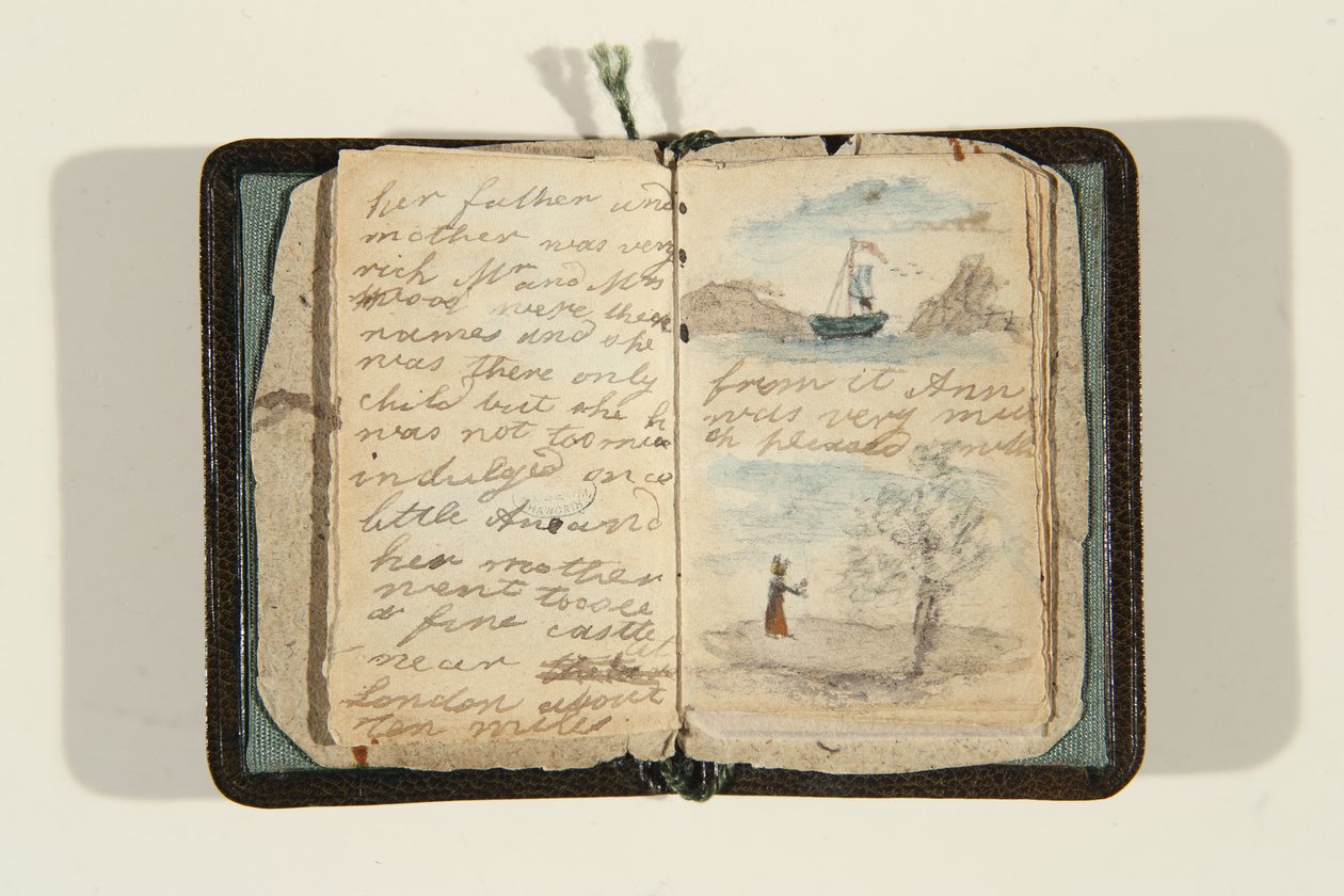 Berättelsens början ”Det var en gång en liten flicka och hon hette Ane, ca 1828 (penna & bläck och akvarell på papper) av Charlotte Bronte