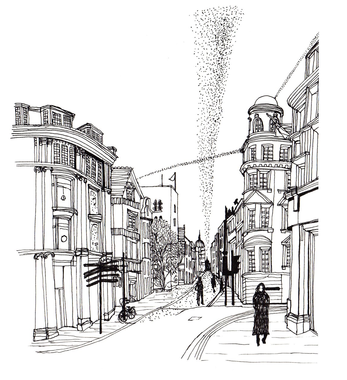 Cornmarket Street, 2019 (penna och bläck) av Charlotte Orr