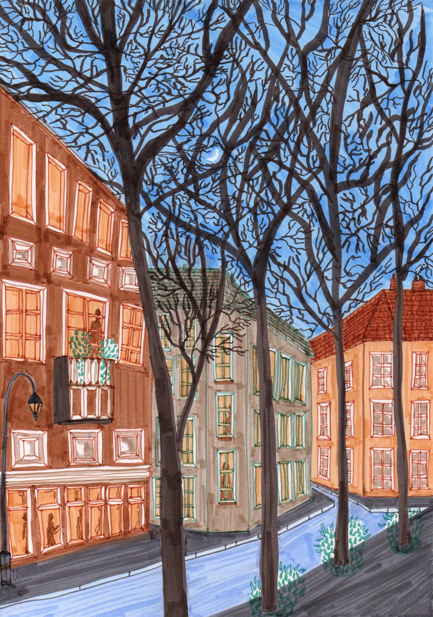 Friedrichshain på natten, 2017 (penselpennor) av Charlotte Orr