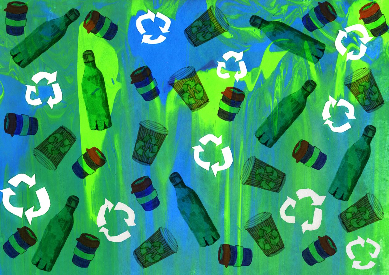 Recycling Bin Design, 2020 (screentryck med penselpennor och digitalt) av Charlotte Orr