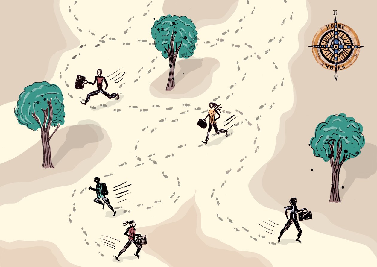 Run to Work, 2013 (bläck och digitalt) av Charlotte Orr