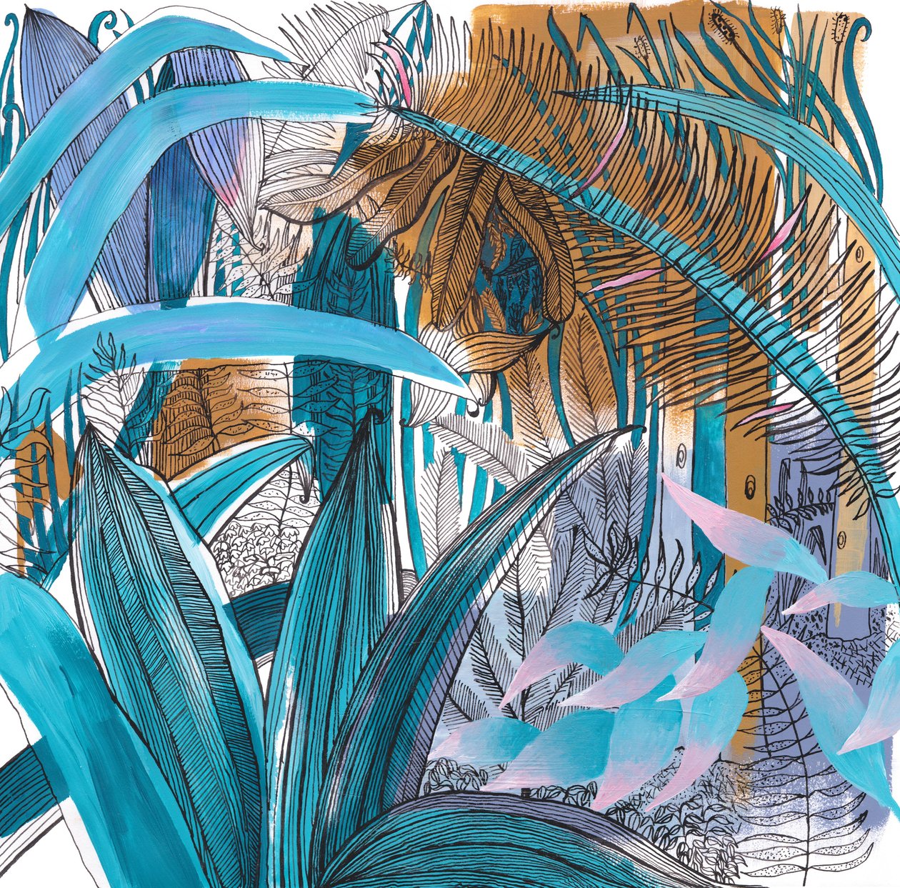 Tropical Garden, 2015 (akryl och bläck på papper) av Charlotte Orr