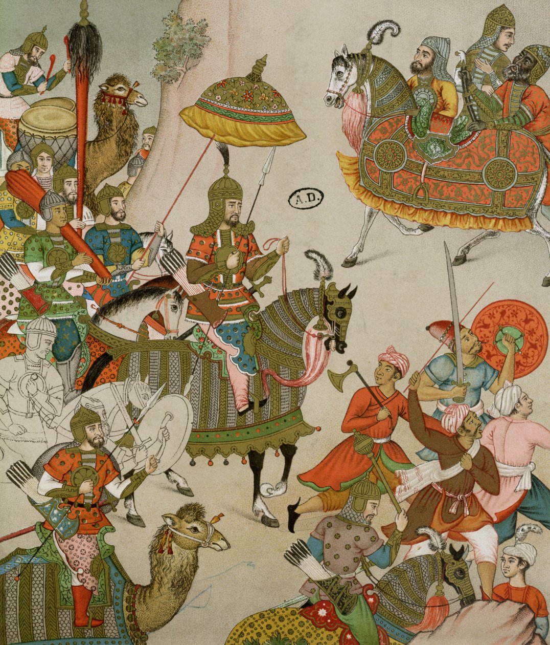 Kejsare Babur (1526-30) i spetsen för sin armé, efter en miniatyr från 1500-talet av mogulerna. av Charpentier