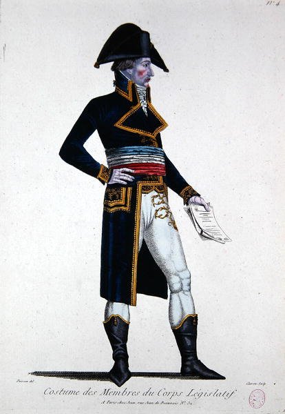 Dräkt för medlemmar av Corps Legislatif under den första republiken i Frankrike, ca 1800 (färgad gravyr) av Chataignier Chataignier