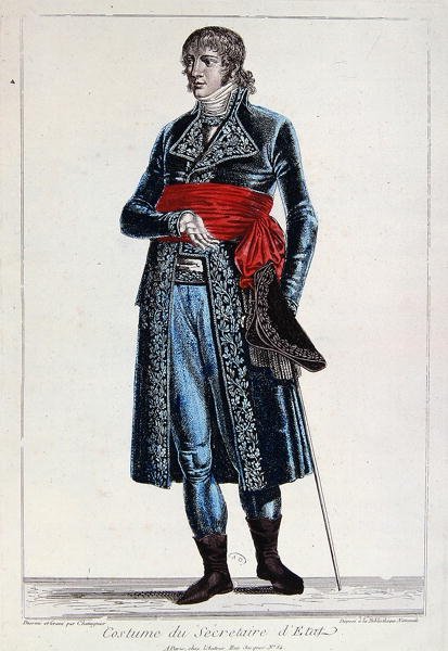 Dräkt för en statssekreterare under perioden av konsulatet (1799-1804) av den första republiken i Frankrike, ca 1800 (färgad gravyr) av Chataignier Chataignier
