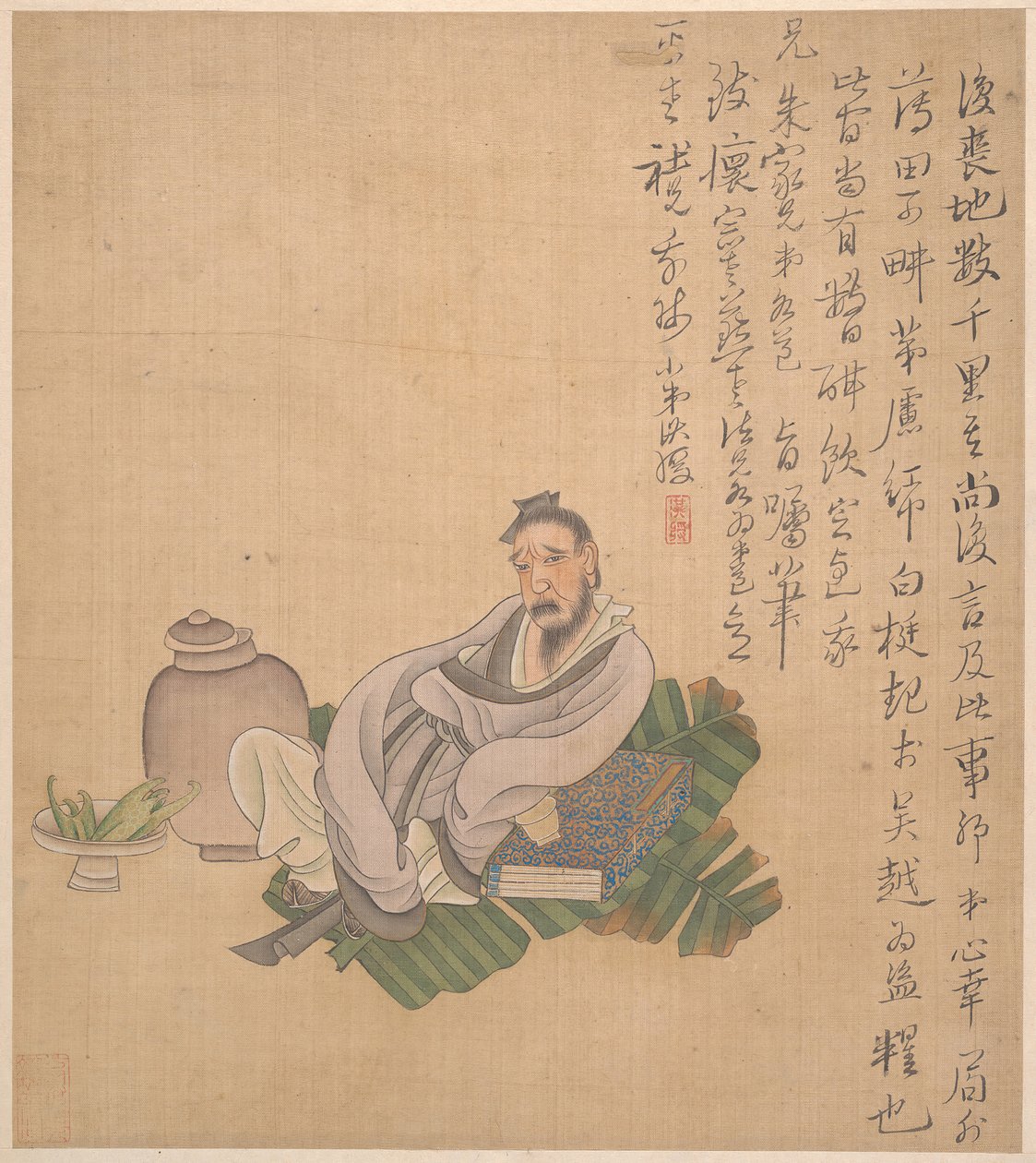 Figurer, blommor och landskap, ett blad daterat 1627. av Chen Hongshou