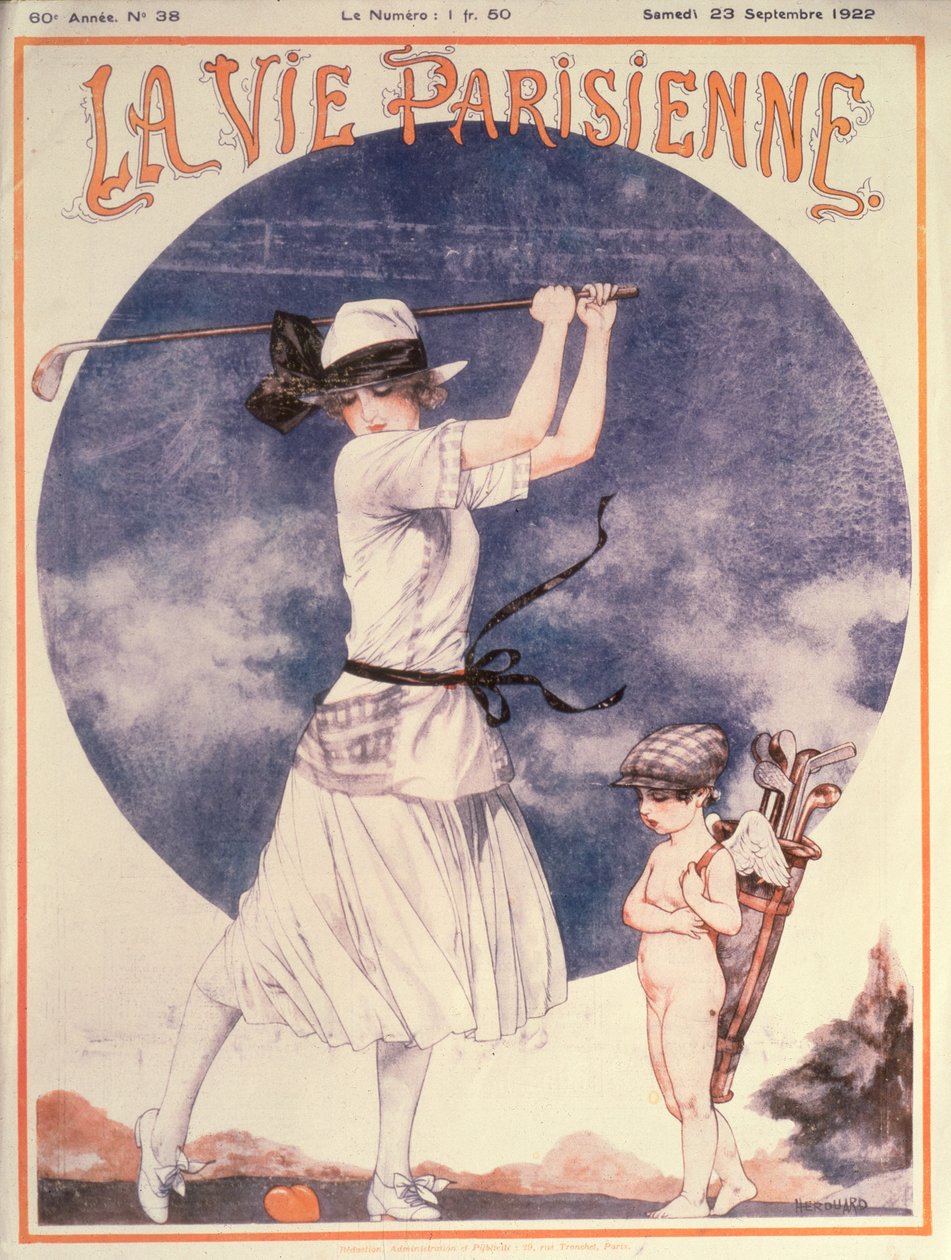 Omslag till La Vie Parisienne, kvinna som spelar golf av Cheri Herouard