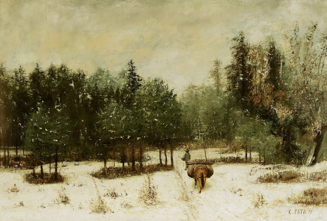 Ingång till skogen på vintern. Snöeffekt, 1873 av Cherubino Pata