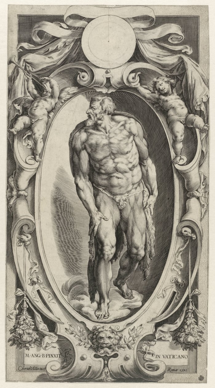 Johannes Döparen i en kartusch Figurer från den sista domen i Sixtinska kapellet (serietitel) av Cherubino Alberti