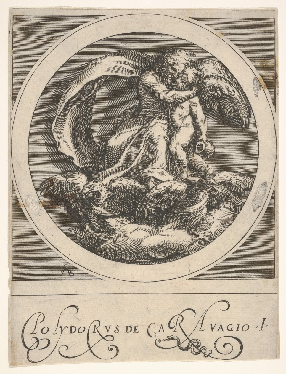 Jupiter, sittande ovanför två örnar och omfamnande Amor, en rund komposition från en serie..., ca. 1590. av Cherubino Alberti