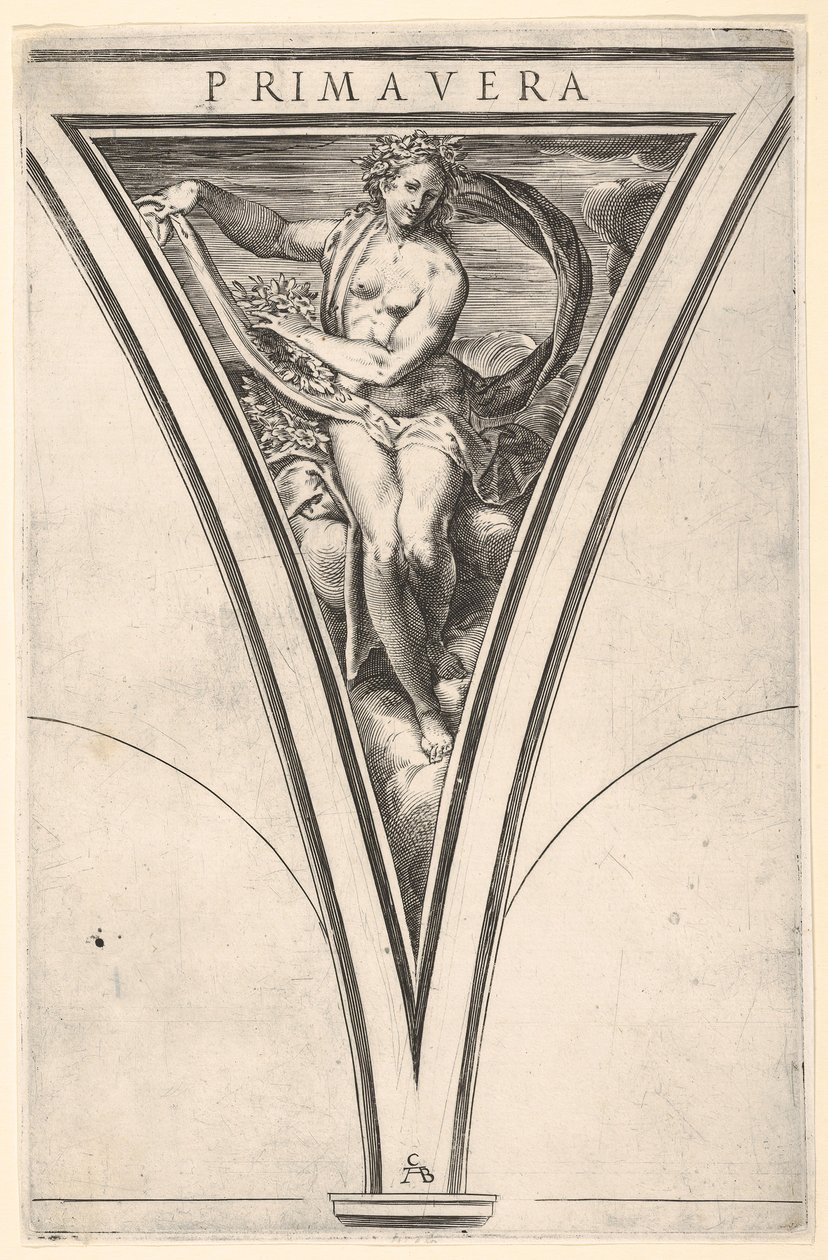 Spring Primavera representerad som en kvinna som bär ett böljande draperi och girlanger..., ca. 1570-1615. av Cherubino Alberti
