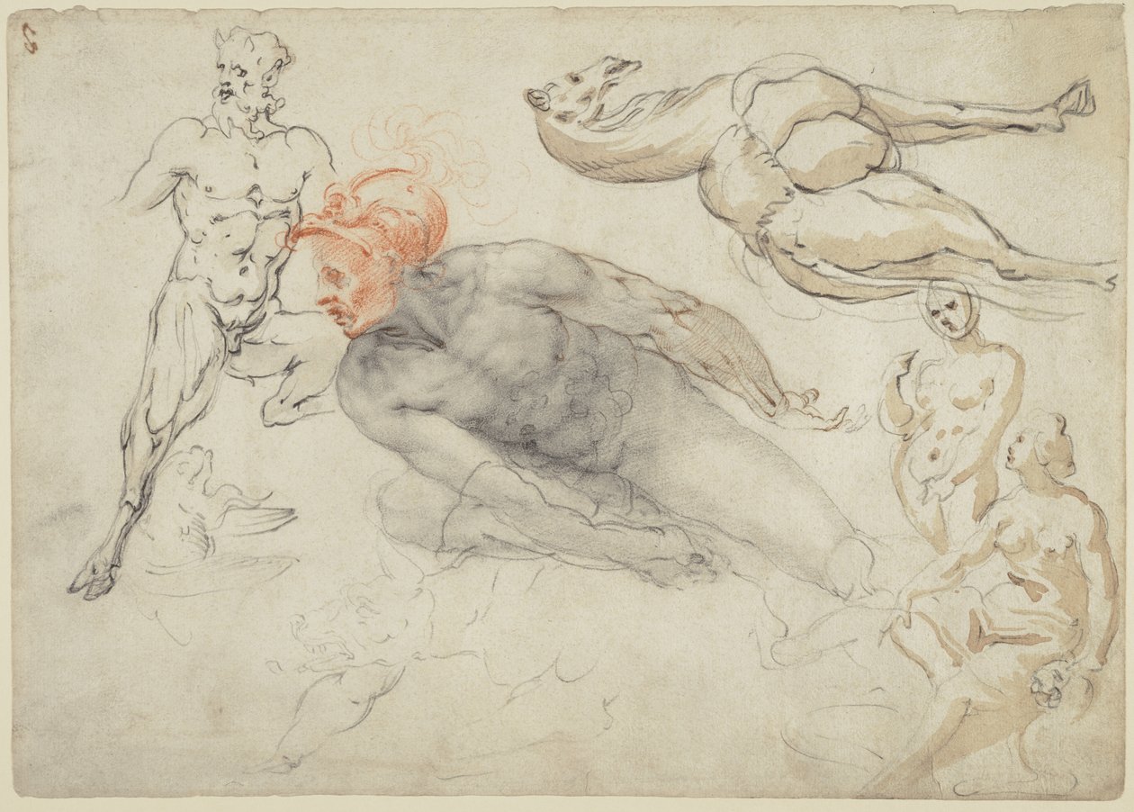 Studier av manliga och kvinnliga nakenstudier, en satyr och en kamel (recto); Staty av Marcus Aurelius (verso) av Cherubino Alberti