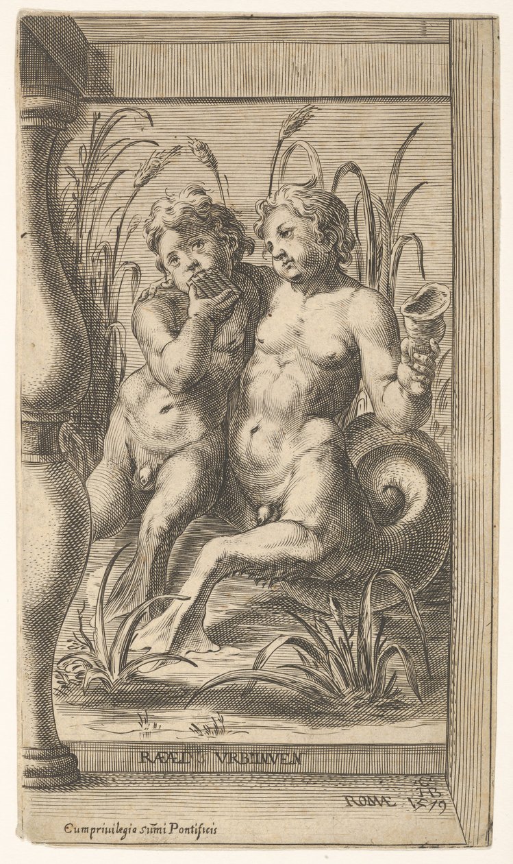 Två tritoner omfamnar, den ena spelar pannpipa, den andra håller ett snäckskal satt inom ..., 1579. av Cherubino Alberti