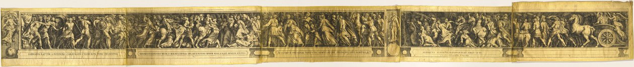 Sabinkvinnornas våldtäkt och de två kejsarnas triumf av Cherubino Alberti after Polidoro da Caravaggio
