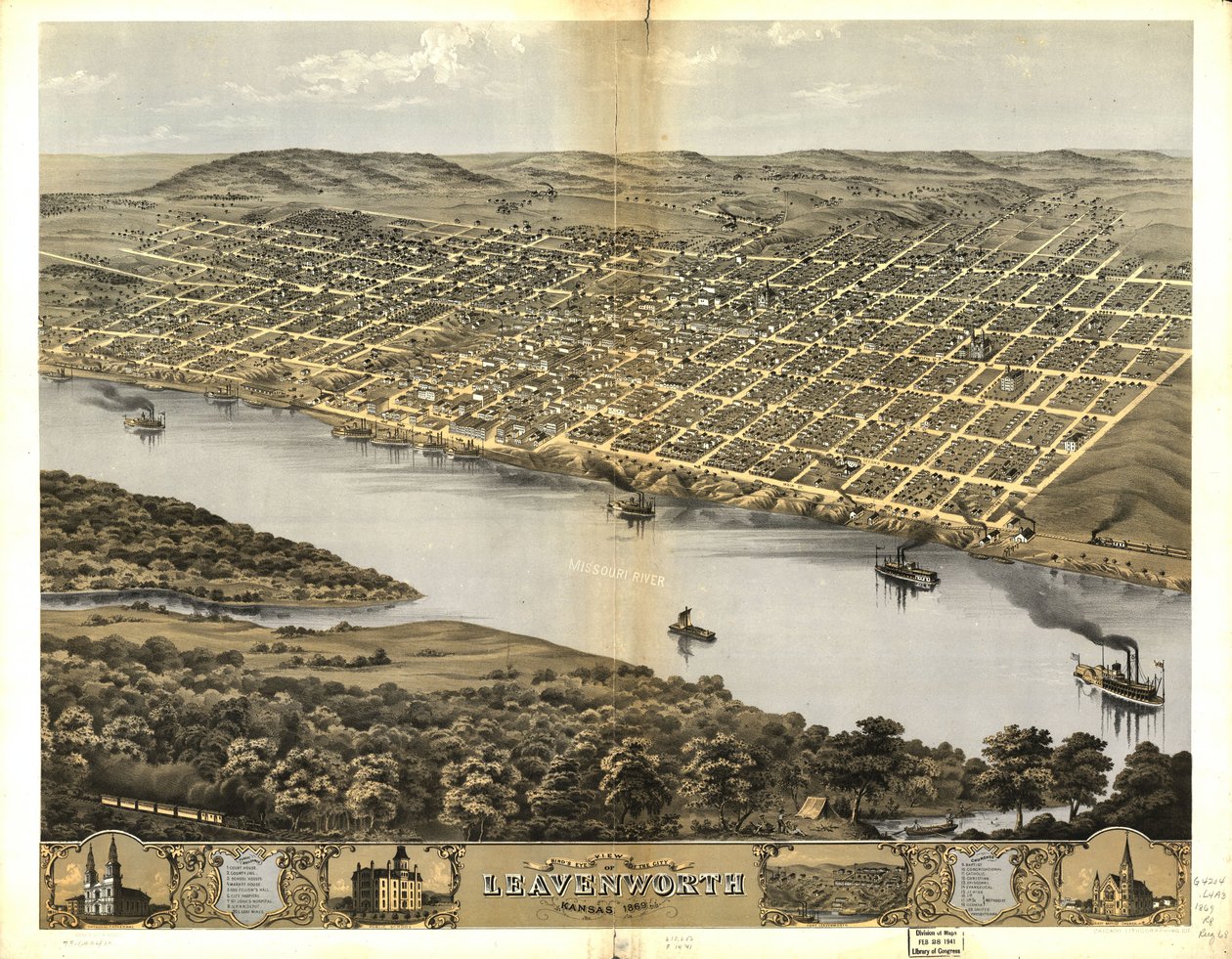 Fågelperspektiv över staden Leavenworth, Kansas 1869 av Chicago Lithographing Co.