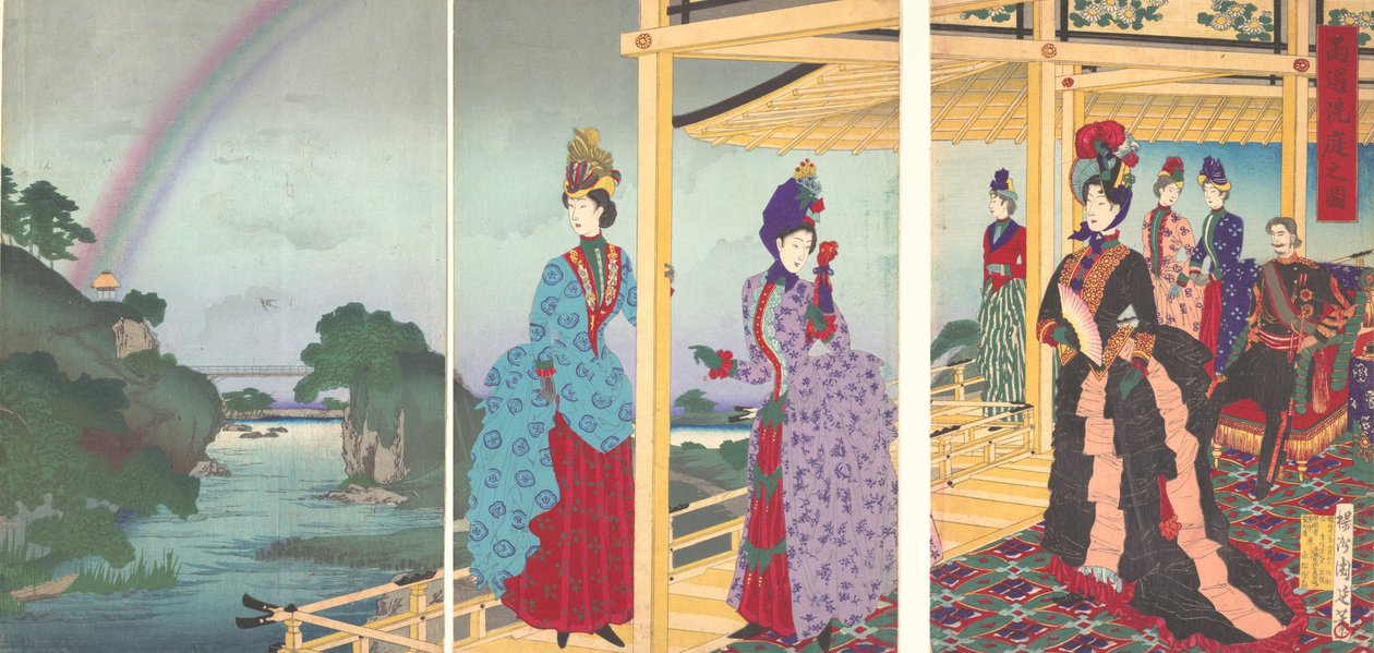En trädgård som förnyades av det passerande regnet Ukasentei no zu, juli 1888., juli 1888. av Chikanobu Yoshu