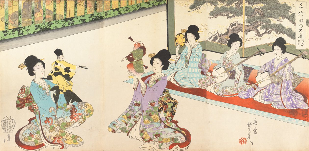 Ladies in Waiting of the Chiyoda Castle: Sword Practice and Puppet Kyogen, 1895., 1895. av Chikanobu Yoshu