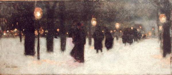Across the Common on a Winter Evening, ca 1885-86 (olja på panel) av Childe Frederick Hassam