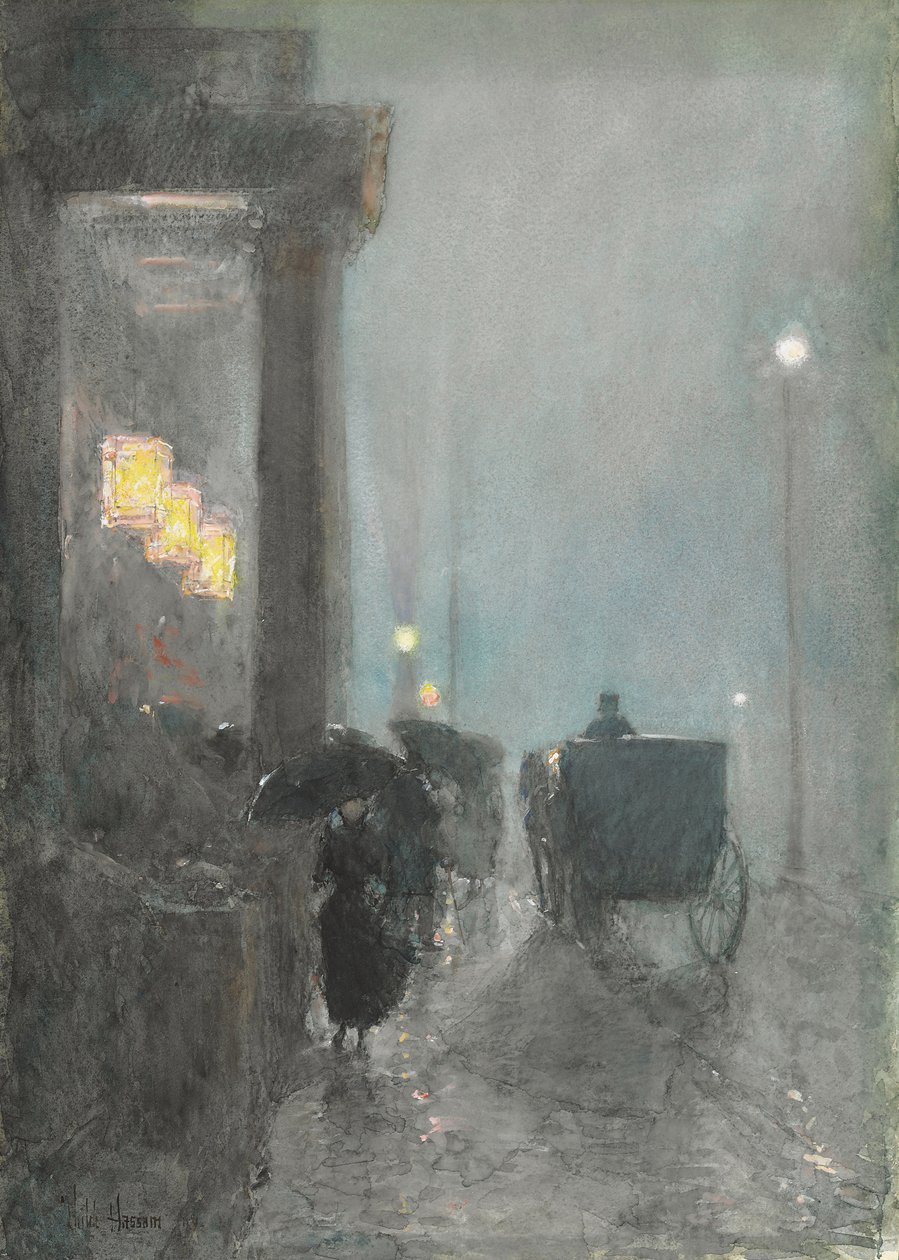 Fifth Avenue, Evening, ca 1890-93 (akvarell, gouache och pastell på papper) av Childe Frederick Hassam