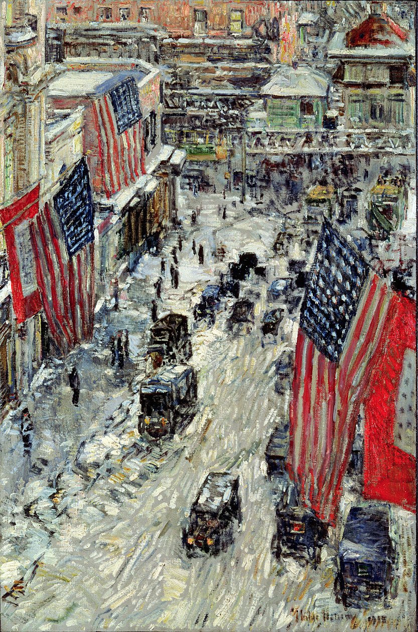 Flaggor på 57th Street, vintern 1918 (olja på linne) av Childe Frederick Hassam