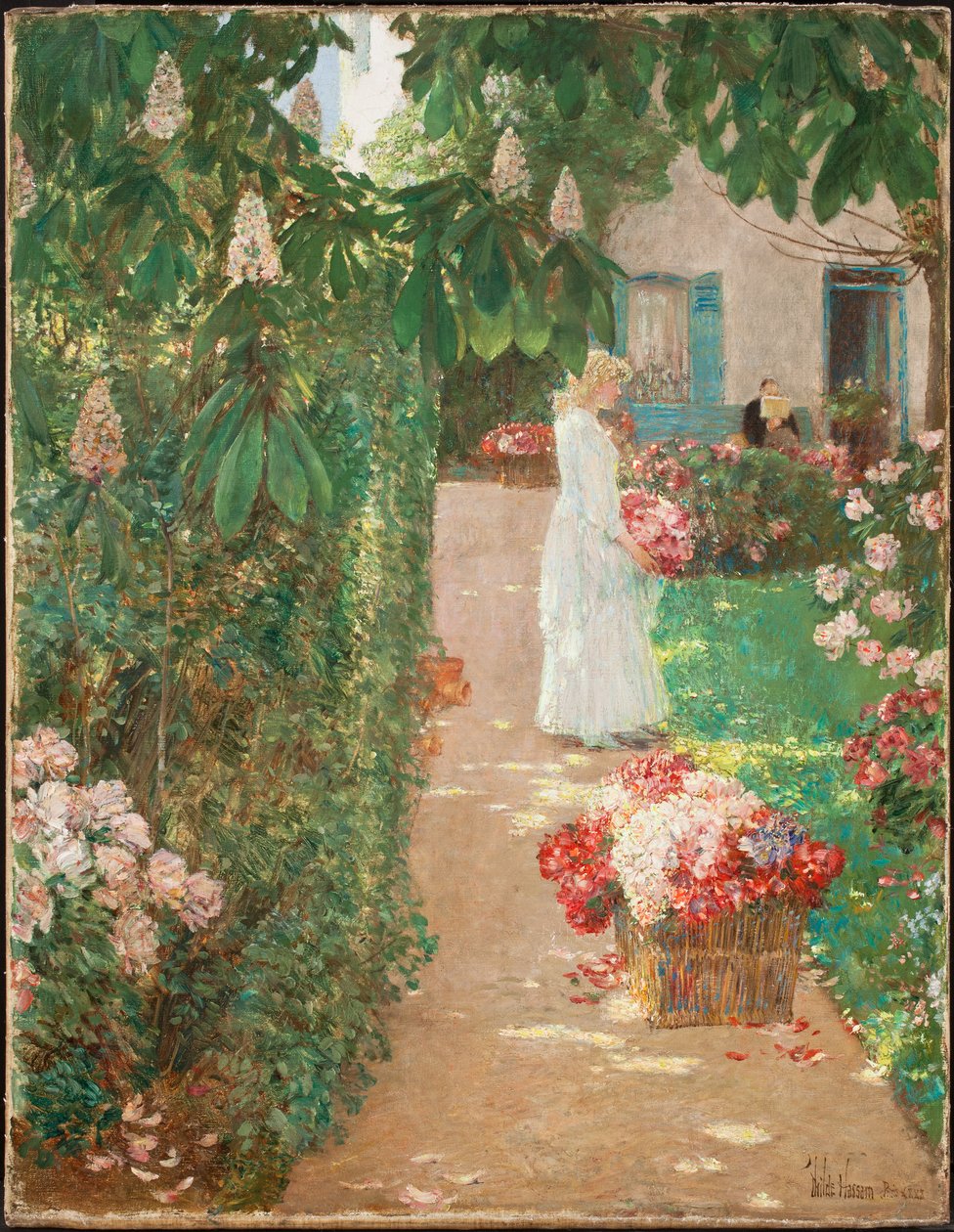 Samla blommor i en fransk trädgård (olja på duk) av Childe Frederick Hassam