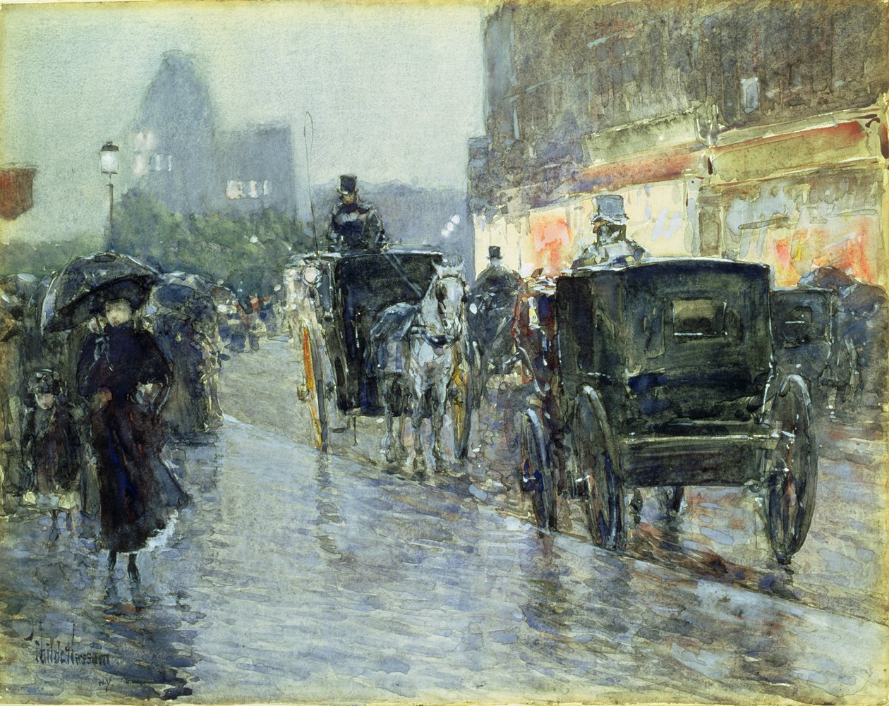 Horse Drawn Cabs at Evening, New York, ca 1890 (akvarell och gouache på papper) av Childe Frederick Hassam