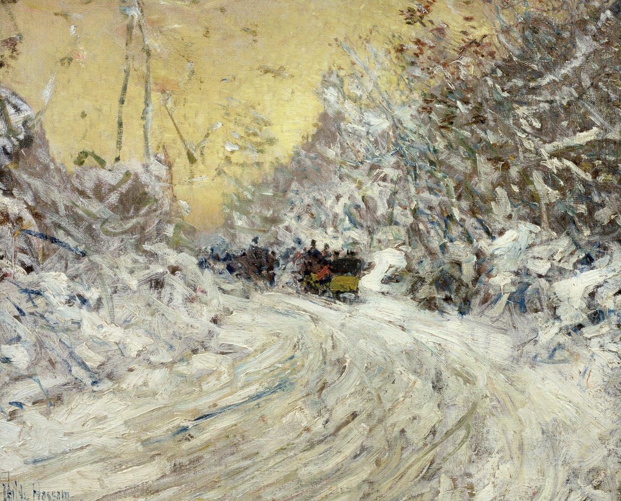Slädetur i Central Park (olja på duk) av Childe Frederick Hassam
