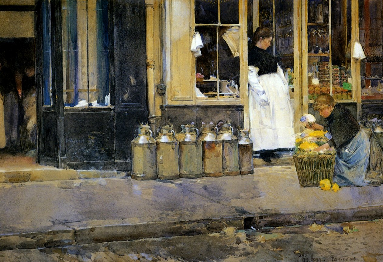 The Milk Churns, ca 1888 (akvarell på papper) av Childe Frederick Hassam
