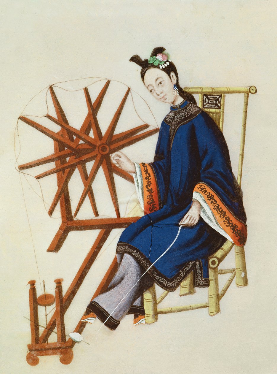 En kinesisk kvinna som snurrar, Qianlong-perioden (1736-96) av Chinese School