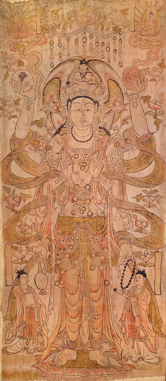 Avalokiteshvara med nio huvuden och sex armar, från Dunhuang, Gansuprovinsen, Tangdynastin (618-907) (penna och bläck på duk) av Chinese School