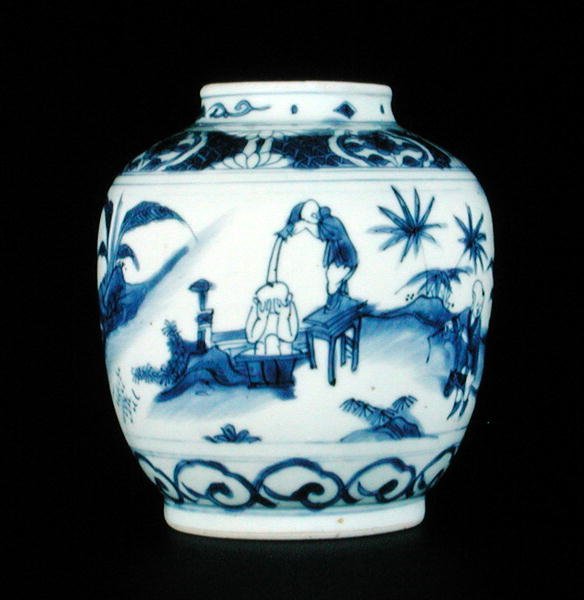 Blå och vit burk målad med en pojke som badar, Wanli eller Chongzheng, 1600-30 (porslin) (se 206093-206095) av Chinese School