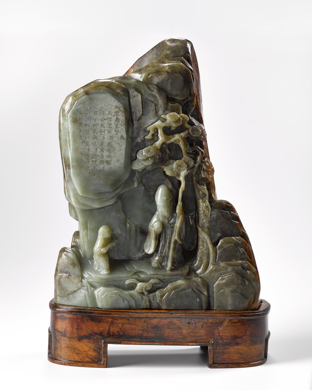 Borsthållare i form av ett bergslandskap, innehållande figuren av Lao-Zi, grundaren av taoismen, Qing-dynastin (ristad jade) av Chinese School