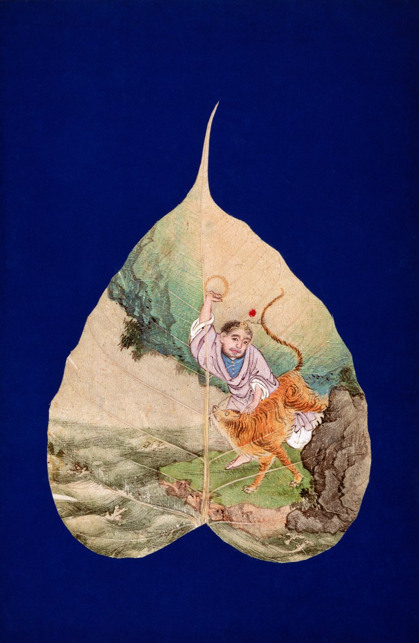 CBL C 1410 Bhadra med en tiger (penna & bläck och färger på ett monterat heligt Bodhi-blad) av Chinese School