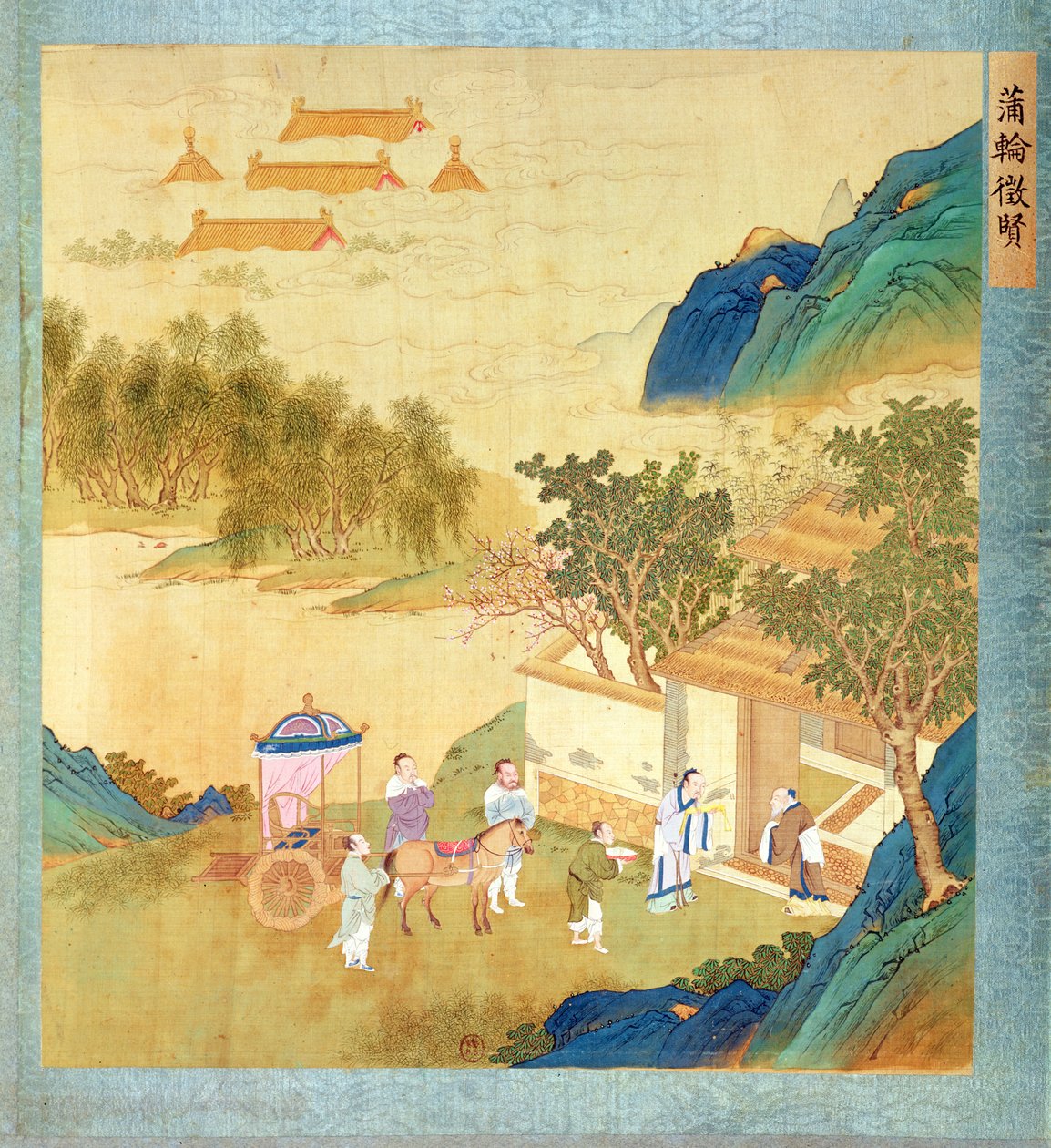 Kejsar Wu Ti (156-87 f.Kr., r. 141-87 f.Kr.) välkomnar en man av bokstäver, från en historia av kinesiska kejsare (färg på siden) av Chinese School