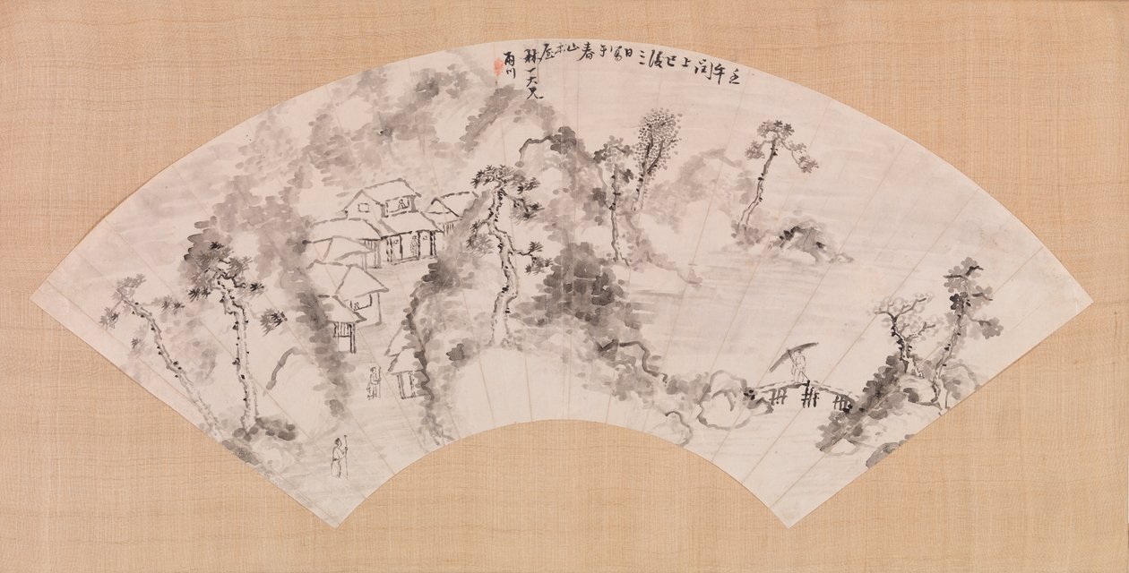 Fläkt som visar ett landskap, ca 1600 (bläck på papper) av Chinese School