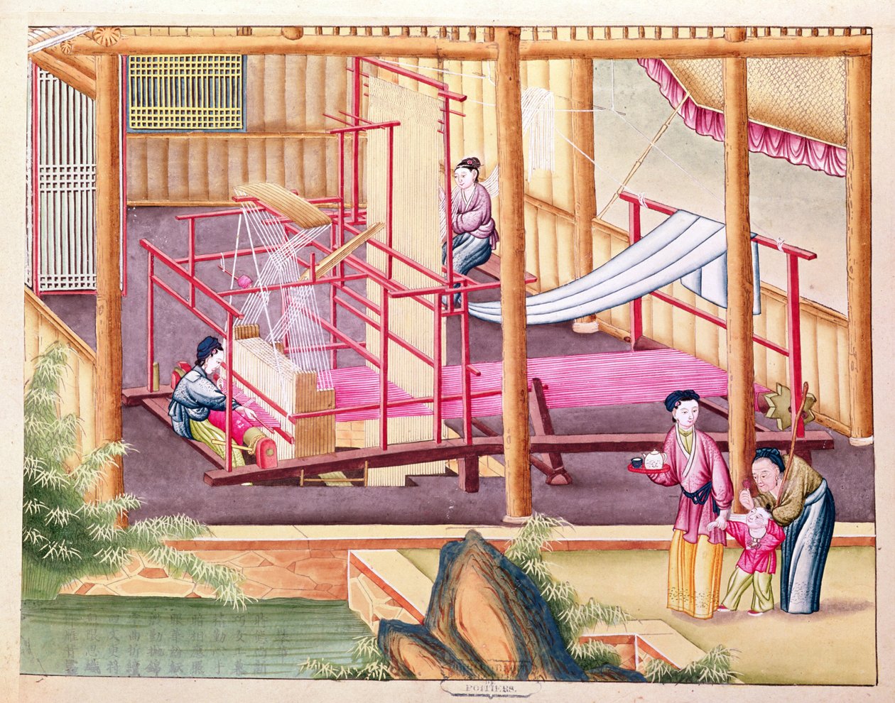 Ms 202 fol.10 Weaving, från en bok om sidenindustrin av Chinese School