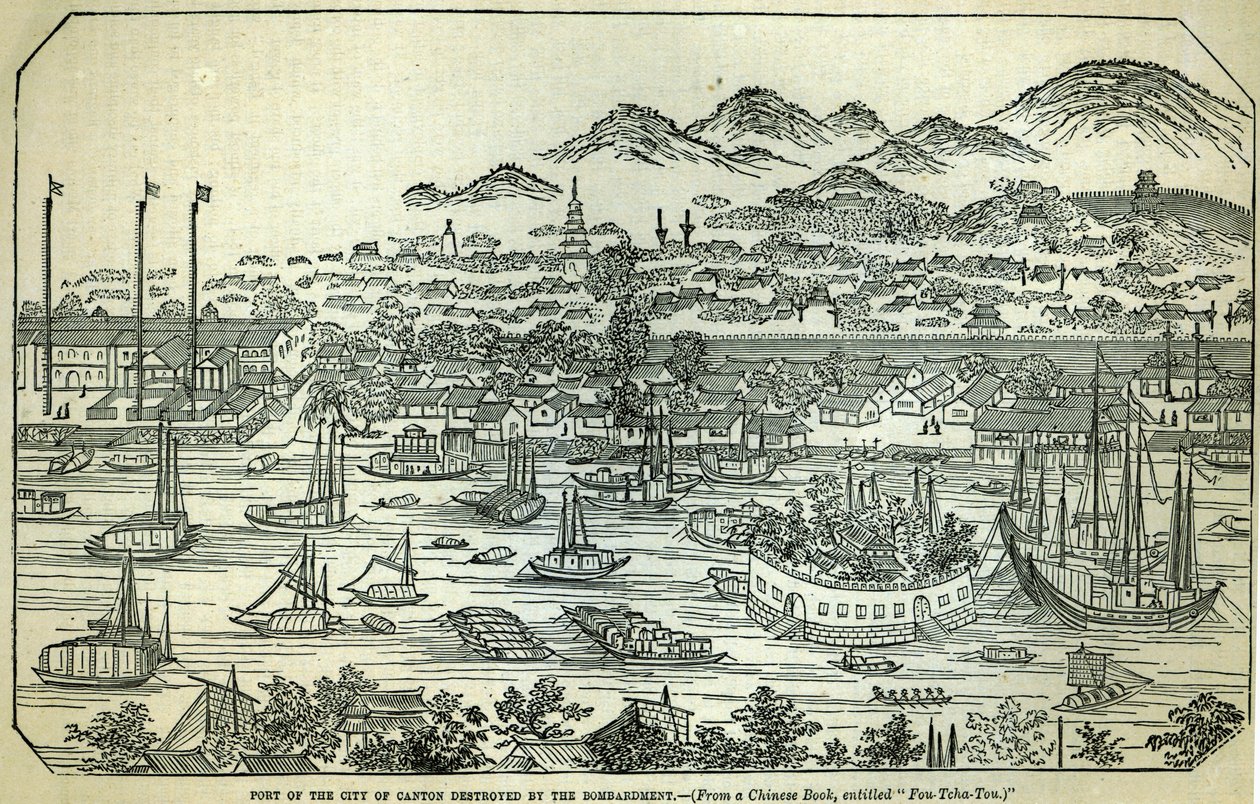 Port of the City of Canton, förstörd av bombardementet, kinesisk illustration tryckt i 