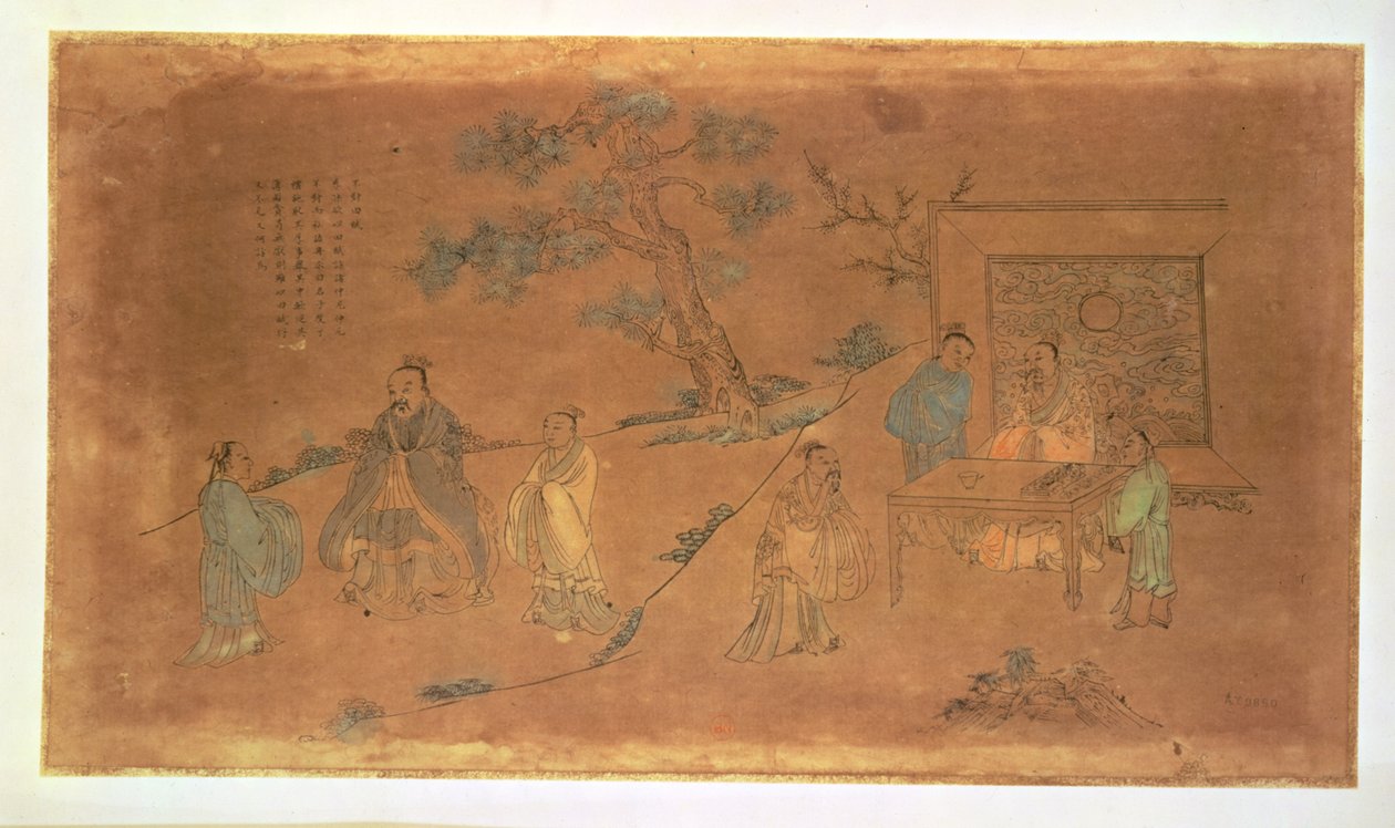 Scen från livet av Konfucius (ca 551-479 f.Kr.) och hans lärjungar, Qingdynastin (1644-1912) (bläck, wc och sepiatvätt på papper) av Chinese School