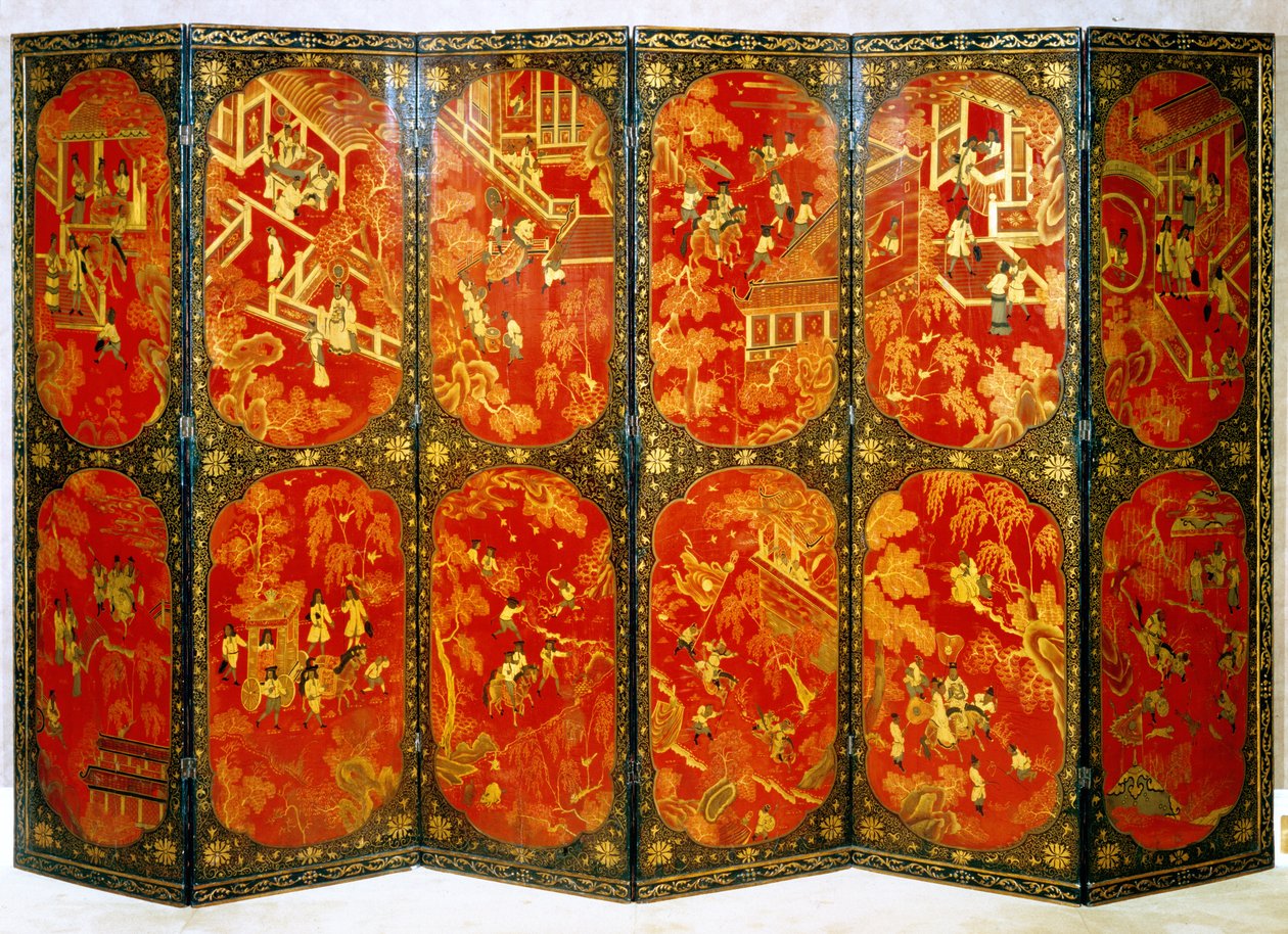 Sexfaldig skärm föreställande europeiska figurer i paneler av rött med svarta kanter, ca 1720 (lackerat trä) av Chinese School