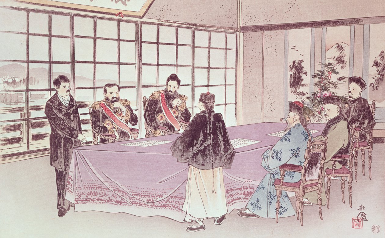 De japanska ministrarna I-Tso och Mou-Tsou diskuterar med det kinesiska sändebudet Ri-Ko-Sho villkoren för vapenvilan i Shimonoseki den 16 april 1895 av Chinese School