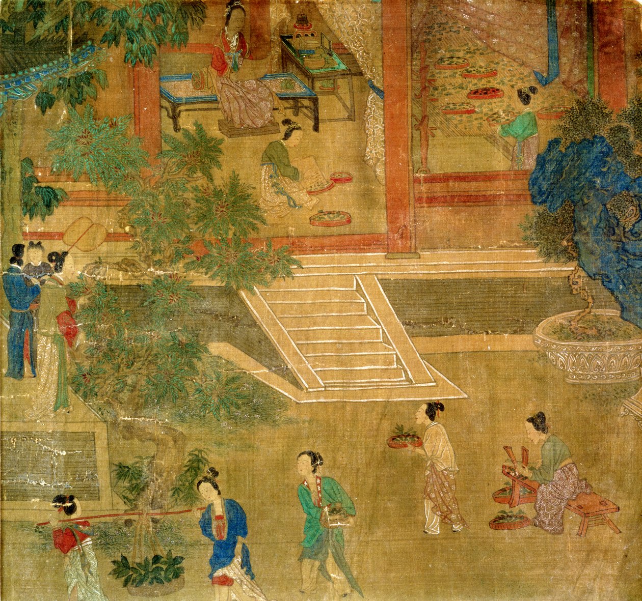 Kvinnor som skördar löv, 1500 (målat siden) av Chinese School