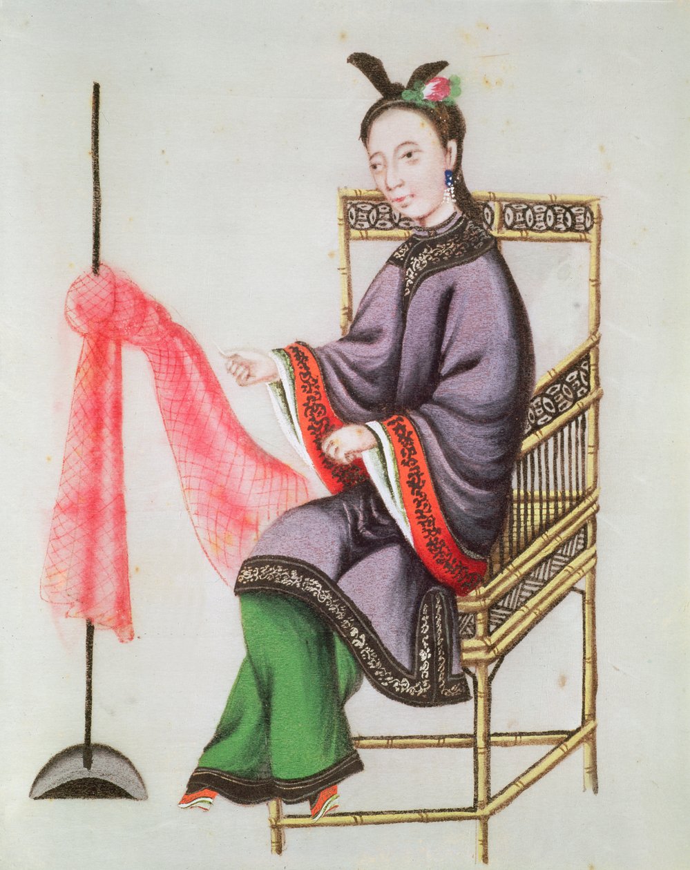 En kinesisk kvinna som gör ett fiskenät, Qianlong Period (1736-96) (gouache på papper) av Chinese School