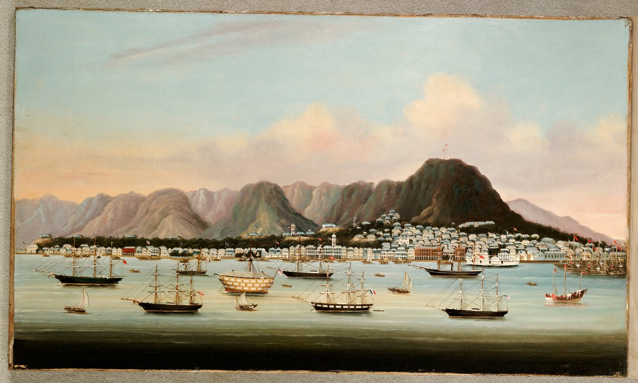 A View of Victoria, Hong Kong, med Hulken H.M.S Princess Charlotte och American, British and French Shipping, c.1862 av Chinese School