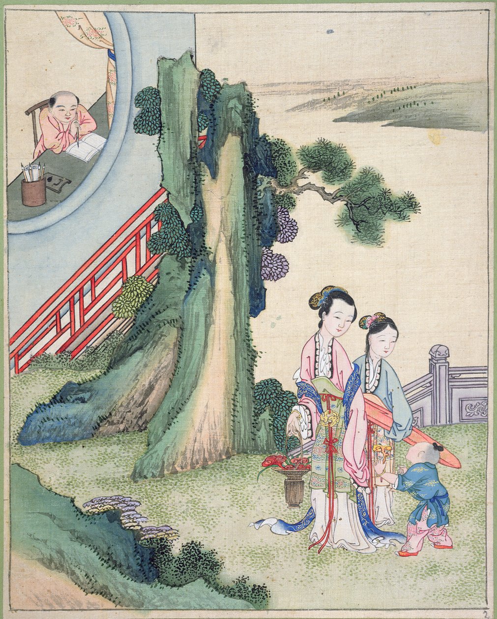 En man som skriver och hans familj vid sidan av en flod (gouache på siden) av Chinese School
