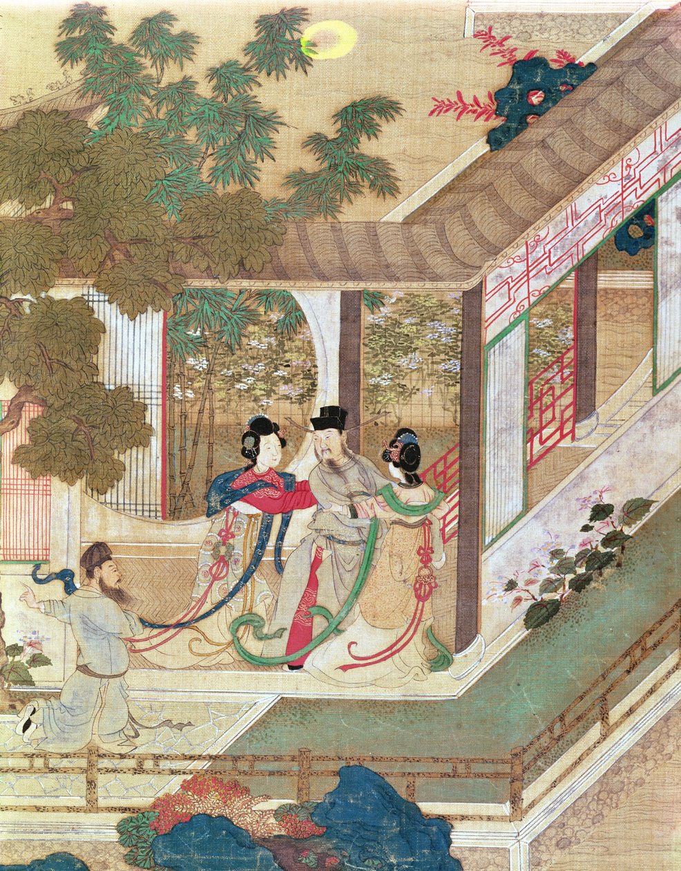 Ett romantiskt möte, illustration från en traditionell kinesisk roman (wc på papper) av Chinese School