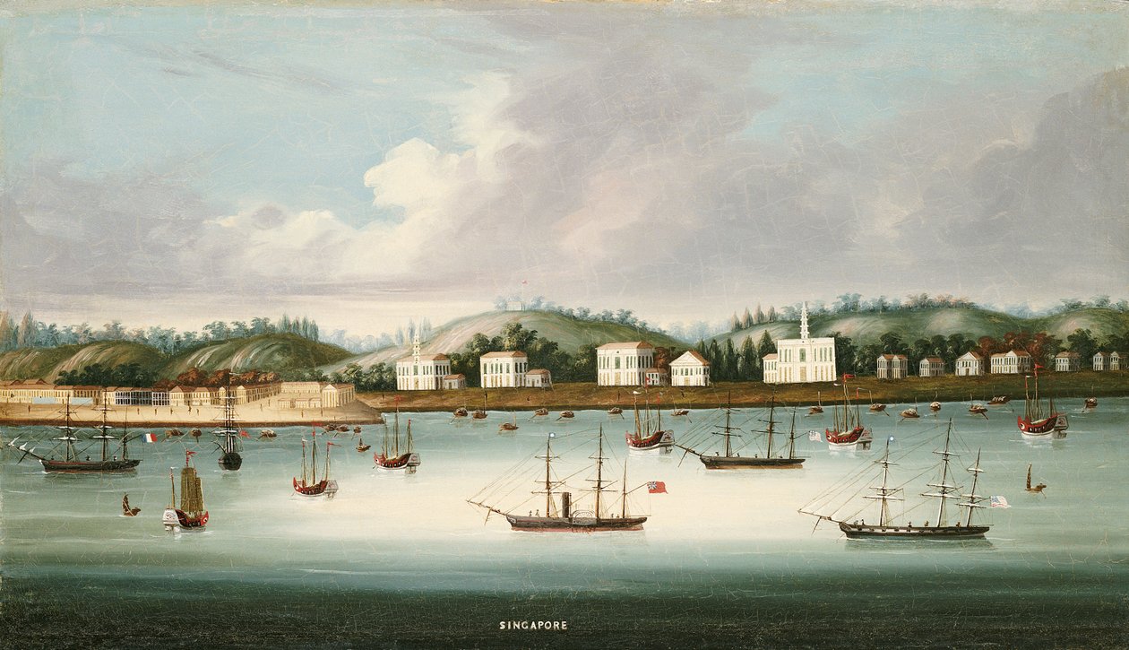 En vy av Singapore från vägarna med amerikansk, fransk och brittisk sjöfart, c.1850 av Chinese School