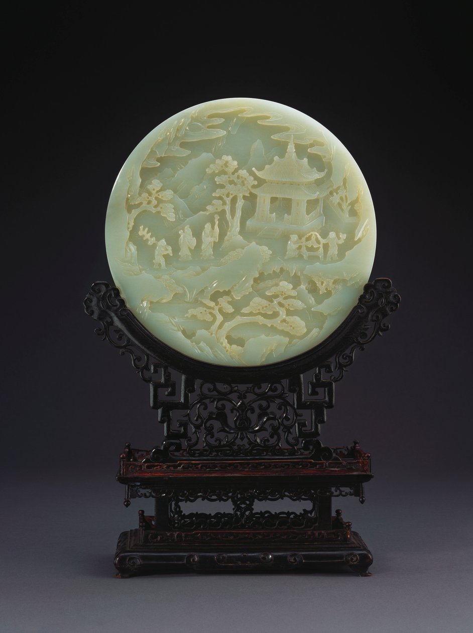 Ett cirkulärt bord i vit jade Skärm som visar forskare som närmar sig en paviljong av Chinese School