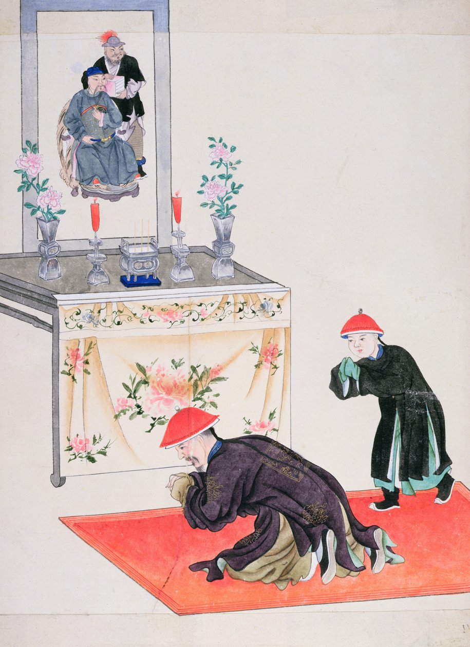 Tillbedjanscen vid förfädernas altar (wc på papper) av Chinese School